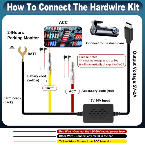 Dash Cam Hardwire Kit,USB C 3-Lead Hard Wire Kit 1 2