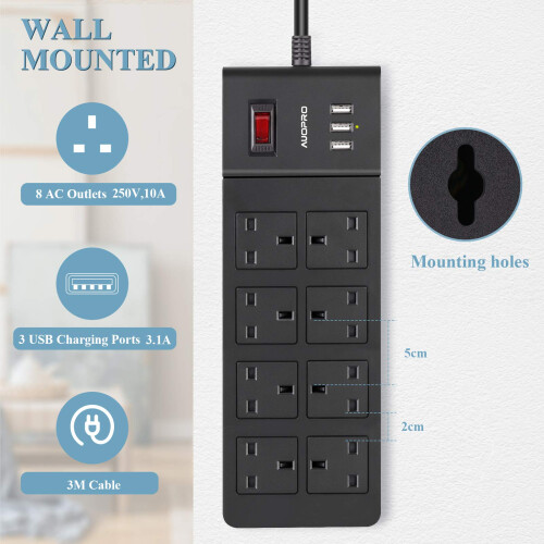 8 Way Extension Lead 3M, Multiple Plug Power Strip 1