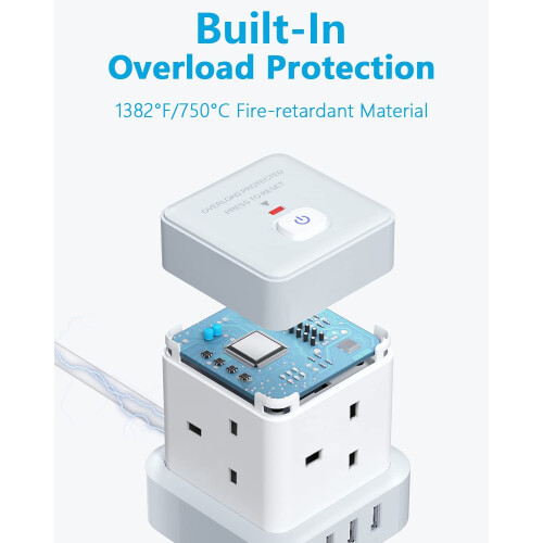 Baykul Extension Lead Cube Power Strip with 3 USB 2