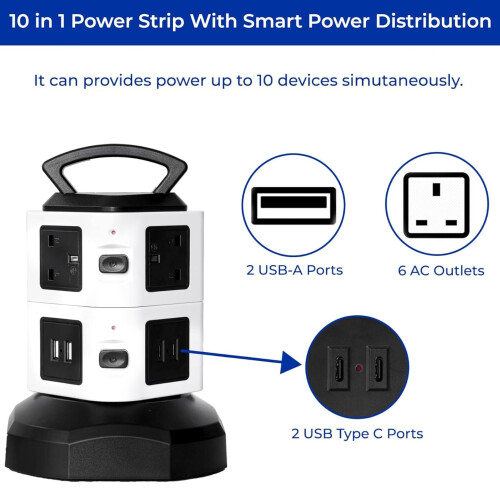 Tower Extension Lead With USB Slots - 2 USB-C - A 1