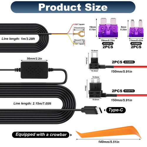 Dash Cam Hardwire Kit,USB C 3-Lead Hard Wire Kit 1 1