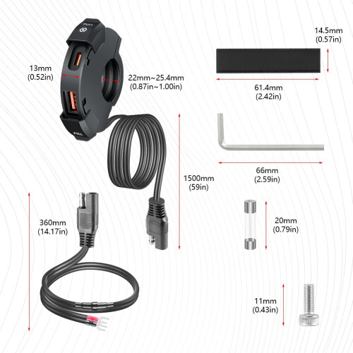 URAQT Waterproof Motorcycle USB Socket, 18W QC and 1