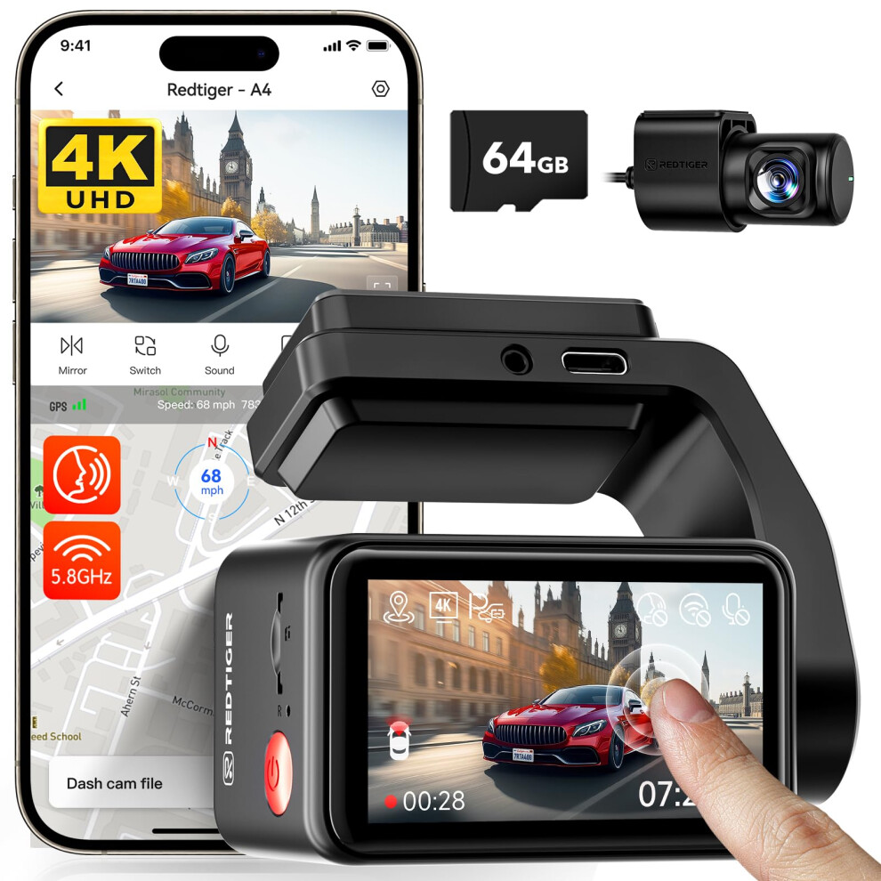 Redtiger A4-4K+1080P Dash Cam Front And Rear Built 89378915