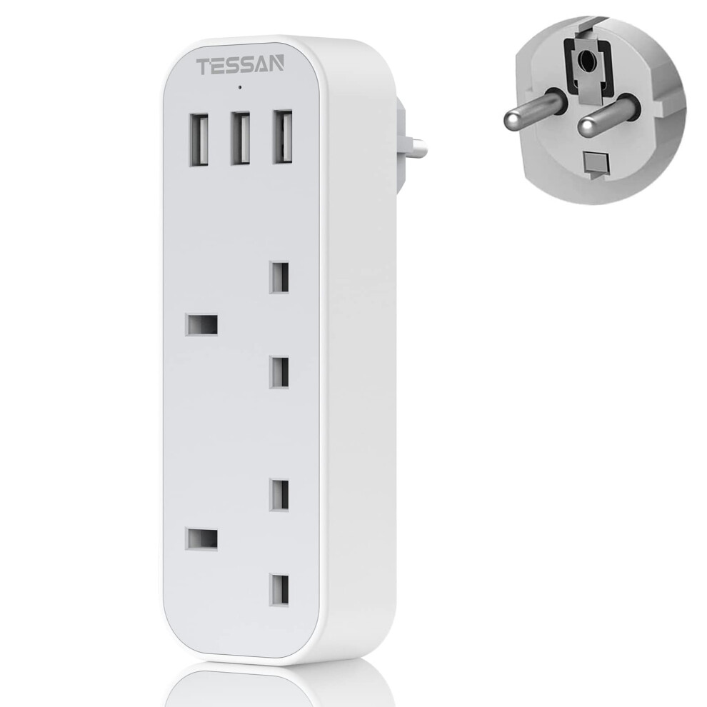 Uk To European Plug Adapter With 3 Usb, Tessan Grounded Eu Euro Europe Travel Plugs, Schuko European Adaptor For France Spain Iceland Austria Poland 59473336