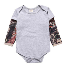 (Grey, 90) Baby Rompers Long Sleeve Tattoo Print Round Collar Bodysuirt Newborns One-Piece Casual Outfits Comfort Breathable Fabric Outfit