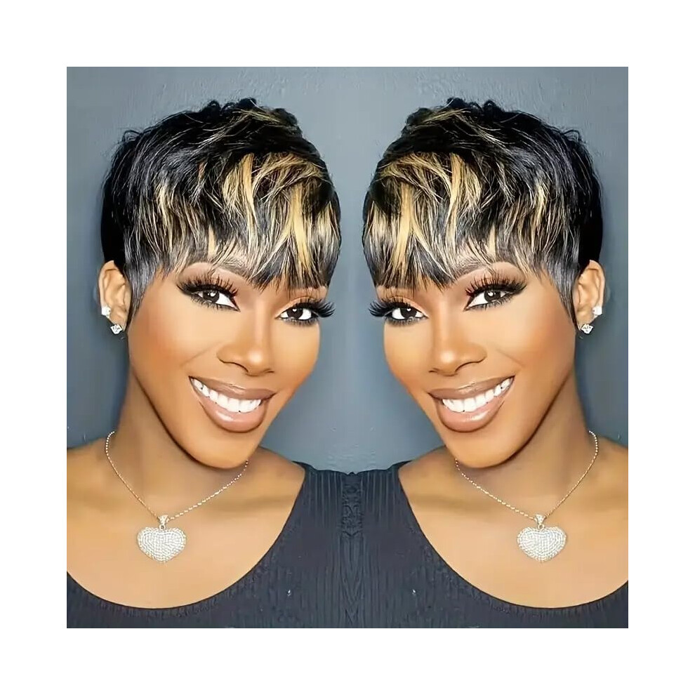Unisex Black Short Pixie Cut Human Hair Wig For Women Brazilian Virgin With Bangs Glueless 1B/30
