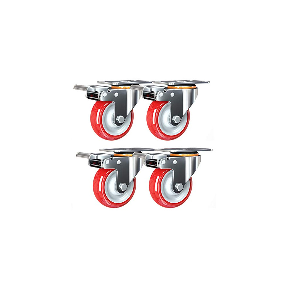 Heavy Duty Polyurethane Caster Wheels 4 Pcs Swivel Plate Castors 75Mm 180Kg Load Capacity With Brake Trolleys 9199774701242