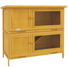 PawHut Rabbit Hutch Double Decker Cage w Asphalt Roof Divider Ramp Yellow