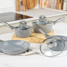 Salter Pan Set 4PC Cookware Set Fry Pan Saucepan NonStick Marblestone Grey