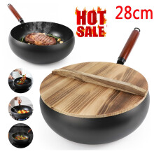 Uncoated Cast Iron Pot Wok Wooden Lid Handle AntiSplatter Pan Soup Stock Pots