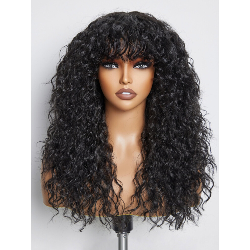 20 Inch Black Curly Wig with Bangs Human Hair Blend HD Lace Front, True Scalp, LongLasting Curls