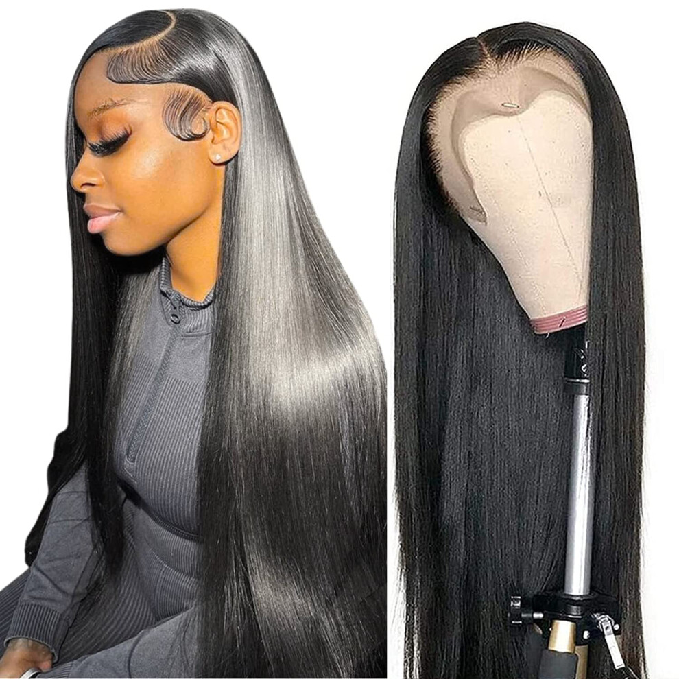 Unisex 13X6 Hd Transparent Straight Lace Front Wig Brazilian Human Hair Pre Plucked 30 Inch Glueless