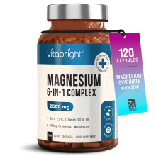 VitaBright Magnesium Glycinate Complex 6-in-1 | 2500mg~485mg Elemental | 120 Caps | Glycinate Tablets & Zinc, Vitamins B6 & D | Hi