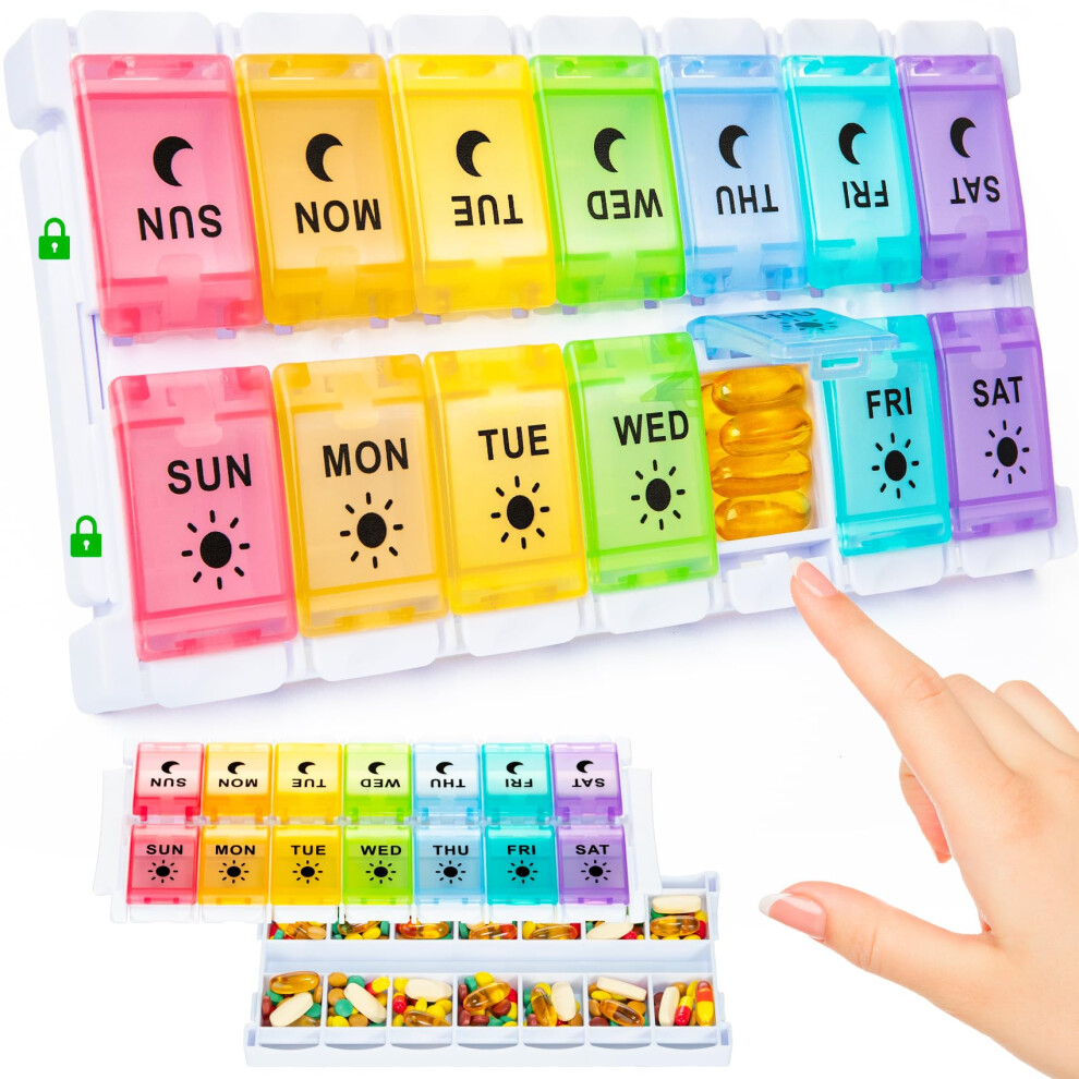 Mossime Large 7 Day Pill Organiser 2 Times A Day, Weekly Dosette Box For Morning Night, Easy Open Am Pm Pill Box For Arthritis, Xl Tablet
