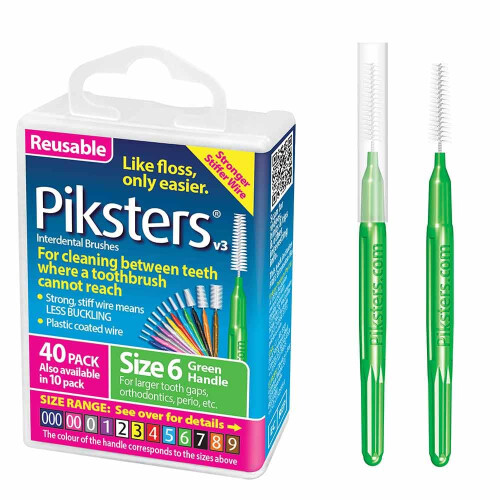 Piksters Interdental Brushes (40 Pack, Size 6 (Green))
