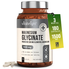 VitaBright Magnesium Glycinate | 180 Capsules | 2 A Day | 1500mg Mag Bisglycinate | 300mg Elemental Mag | High Strength Magnesium
