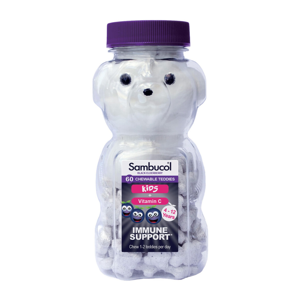 Sambucol Black Natural Elderberry Kids Chewable Teddies| Vitamin C | Immune Support Supplement | 60 Tablets