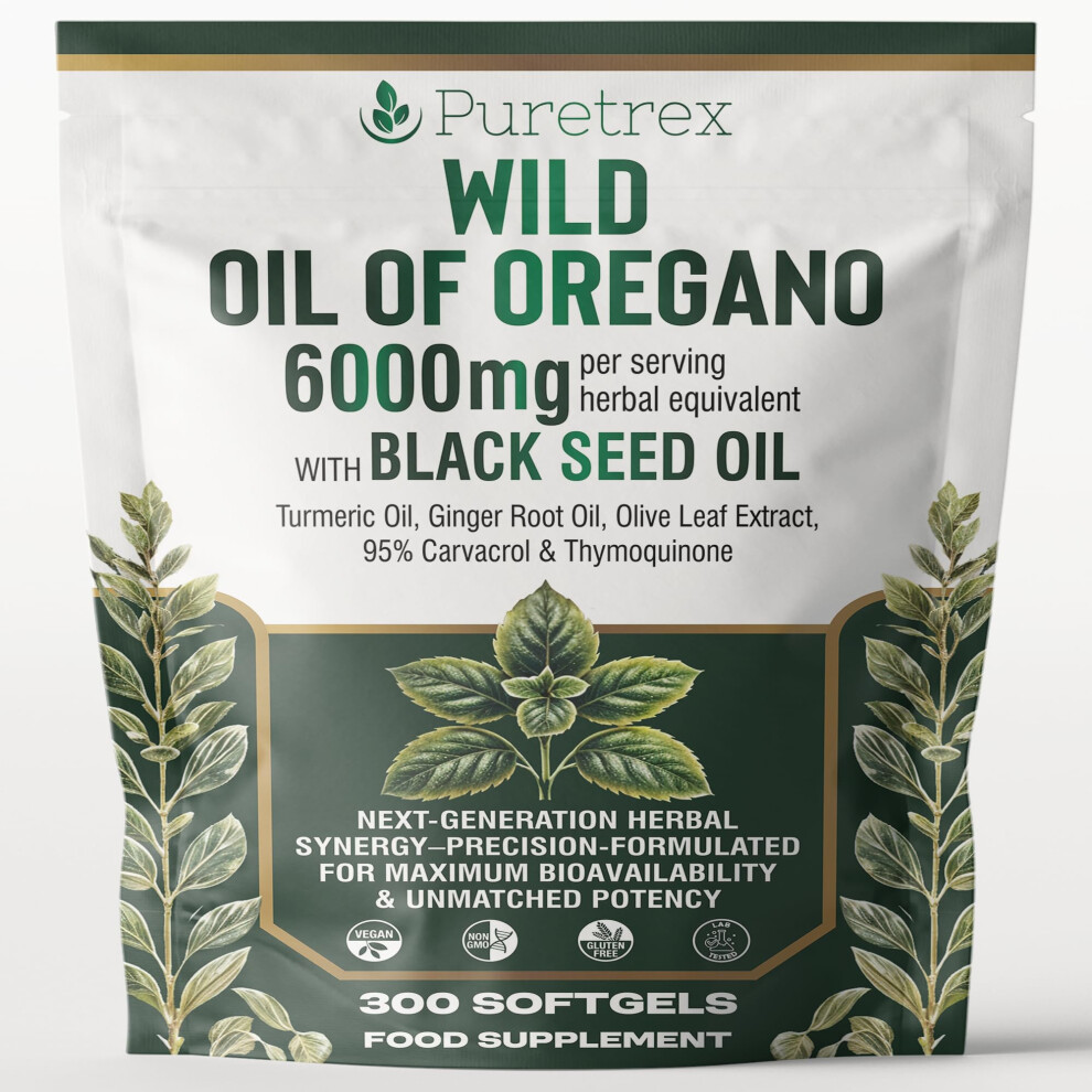 Puretrex Wild Oregano Oil 6000Mg With Black Seed, Turmeric & Ginger Â 300 Softgels | 95% Carvacrol For Immune & Gut Support | High