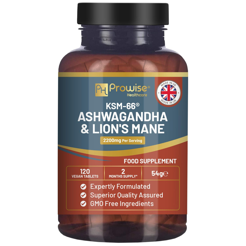 Ph Prowise Healthcare Ksm-66 Ashwagandha And Lions Mane Tablets - High Strength 2200Mg | Ksm-66 Ashwagandha Root Extract And Lions Mane Mushroom Extract