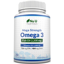 Nu U Nutrition - Omega 3 2200mg & Vitamin D3 2000IU - 250 Softgel Capsules - 726mg EPA & 484mg DHA per Serving - Alternative to Cod Liver Oil Capsule