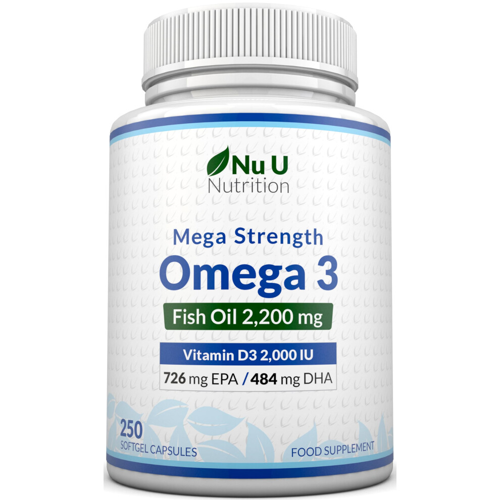 Nu U Nutrition - Omega 3 2200Mg & Vitamin D3 2000Iu - 250 Softgel Capsules - 726Mg Epa & 484Mg Dha Per Serving - Alternative To Cod Liver Oil Capsule