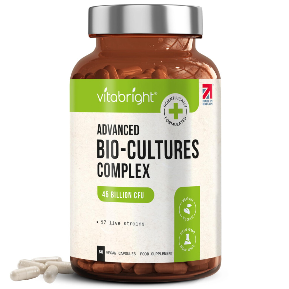 Vitabright Pro Bio Cultures Complex | 45 Billion Cfu Probiotics For Women & Men | 17 Strains With Chicory Inulin Prebiotics | 60 C