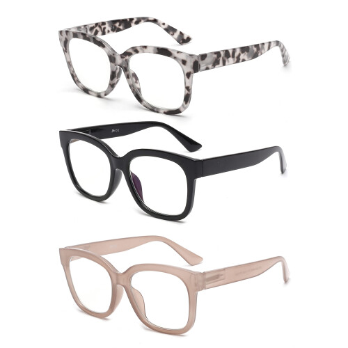 JM 3 Pack Oversized Reading Glasses for Women Large Square Blue Light Blocking Computer Readers Spring Hinge +1.0,(Black & Grey To