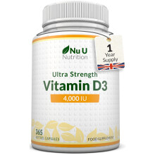 Nu U Nutrition - Vitamin D 4000IU - 365 Softgel Capsules not Tablets - 1 Year Supply - Quadruple Strength - Easy to Swallow - Vita