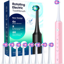 Rotating Electric Toothbrush for Adults, 8 Brush Heads & Wireless Charging, 60-Day Long-Lasting Battery, 4 Modes, IPX7 Waterproof,