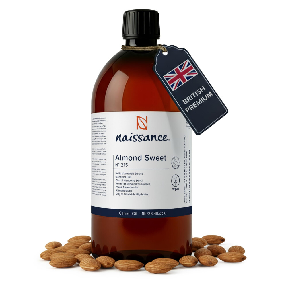 Naissance Sweet Almond Oil (No. 215) 1 Litre Â For Skin, Hair, Massage, Nails, Cuticles, Ears, Face, Body, Stretch Marks - Natural