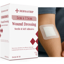 50pk - 5cm x 7.5cm DermaStrip Sterile, Adhesive Wound Dressings, Cushioned Protective pad, Individually Wrapped 50 per Pack