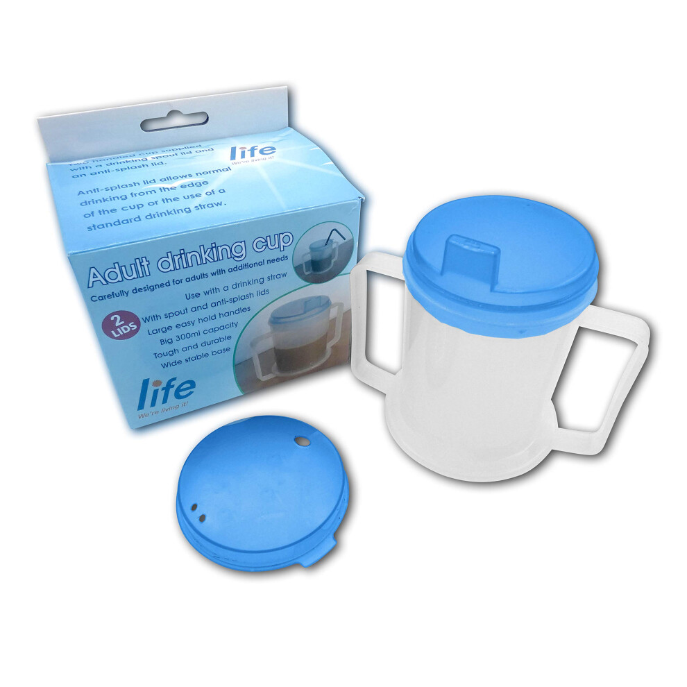 Life Healthcare Plastic Drinking Cup For Disabled Adults With Easygrip Handles Antisplash Spout And Travel Lid, 300Ml
