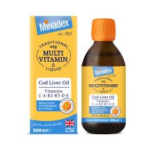 Minadex Multivitamin Liquid with Cod Liver Oil for Adults & Kids, Delicious Orange Flavour, Vitamins C, A, B2, B3, D, E & Omega-3,