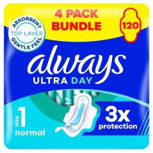Always Ultra Day Sanitary Towels Normal (Size 1) With Wings 4 x 30 Pads, Super Absorbent And Ultra Thin, For Menstrual Periods