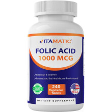 Vitamatic Folic Acid 1000 mcg (1 mg) - 240 Vegetarian Tablets - 1667 mcg DFE - Vitamin B9