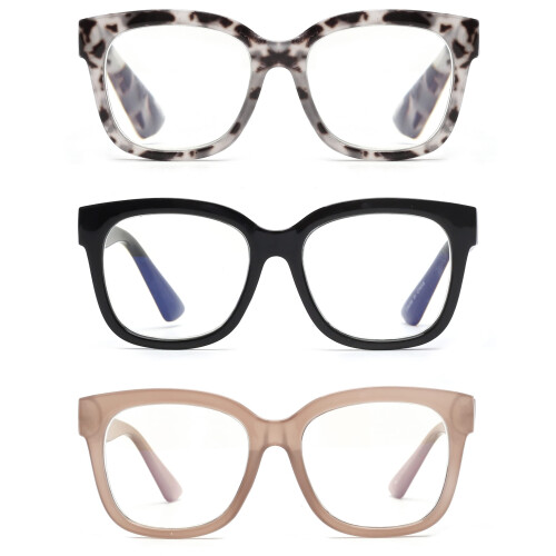 JM 3 Pack Oversized Reading Glasses for Women Large Square Blue Light Blocking Computer Readers Spring Hinge +1.0,(Black & Grey To 2