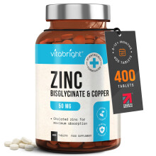Zinc Supplements with Copper | 50mg Daily | 400 Zinc Tablets | 6+ Months | Zn Bisglycinate for Men & Women | High Absorption, High