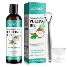 Coconut Pulling Oil - Ayurvedic Mint Oil Pulling Mouthwash with Tongue Scraper | Natural Essential Oils for Fresh Breath, Teeth Wh