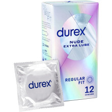 Durex Nude Extra Lube, Regular Fit, 12 Pack, Ultra Thin, Designed to Feel It All, Extra Lubrication, Silicone Lube, Easy On Shape
