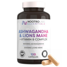 Nootro Essentials Ashwagandha & Lion's Mane Capsules, High Strength Mushroom Supplement for Focus, Calm & Stress Support (60 Servings - 2 Capsules Da