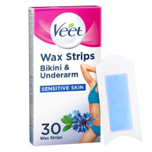 Veet Bikini & Underarm Cold Wax Strips, 30 Count, Brazilian Hair Removal, Sensitive Skin, Smooth Finish, Ideal Eyebrow Shaping, Ge