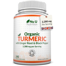 Organic Turmeric Ginger & Black Pepper 2280mg - 240 Vegan Capsules not Tablets - High Strength Tumeric Curcumin - Joints Herbal Supplement