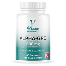 Vinco Alpha GPC 600mg in One Capsule - 60 Capsules = 60 True Servings - Pure Choline Supplement - Nootropic for Brain Support, Focus, Memory, Motivat