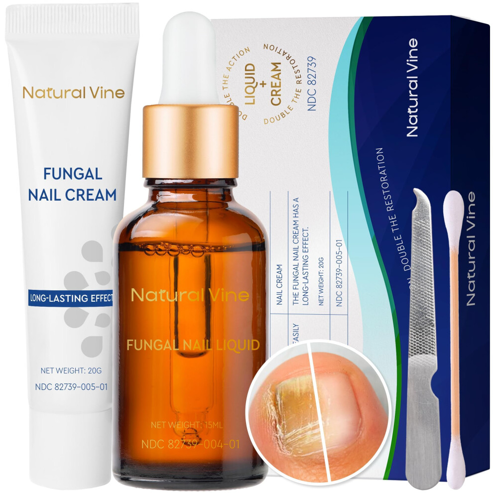 Natural Vine Toenail Fungus Treatment Extra Strength: Nail Fungus Treatment Kit For Toenail And Fingernails - Liquid 15Ml And Nail Repair Cream