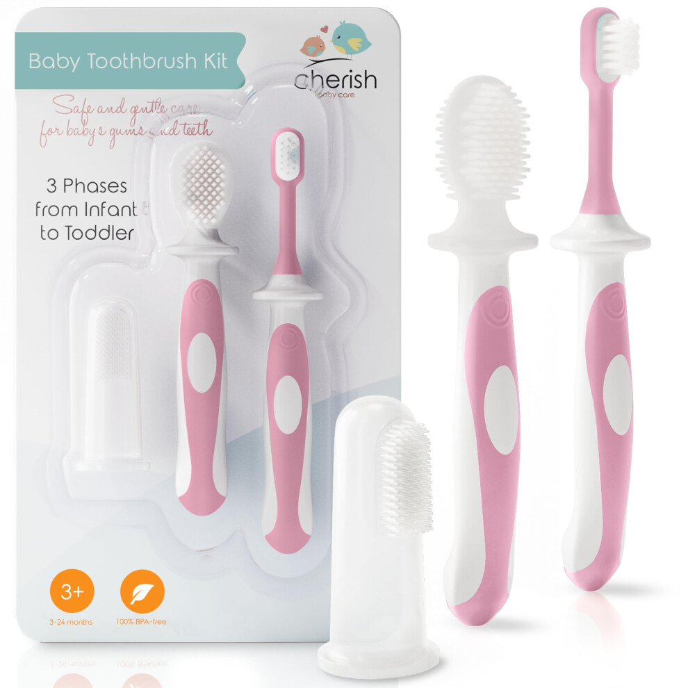 Cherish Baby Care 0-2 Years Toothbrush Kit - Safety-Tested & Bpa-Free 3-Pack (Finger, Silicone, Toddler Toothbrushes) - Baby's Fir