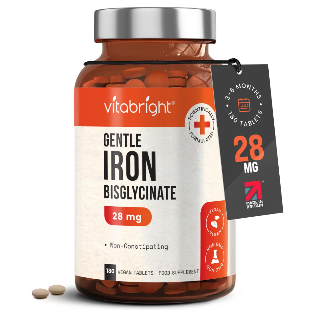 Vitabright Iron Supplements For Women & Men | 28Mg | 180 Gentle Iron Tablets | High Strength Ferrous Bisglycinate | Non Constipating | Supple