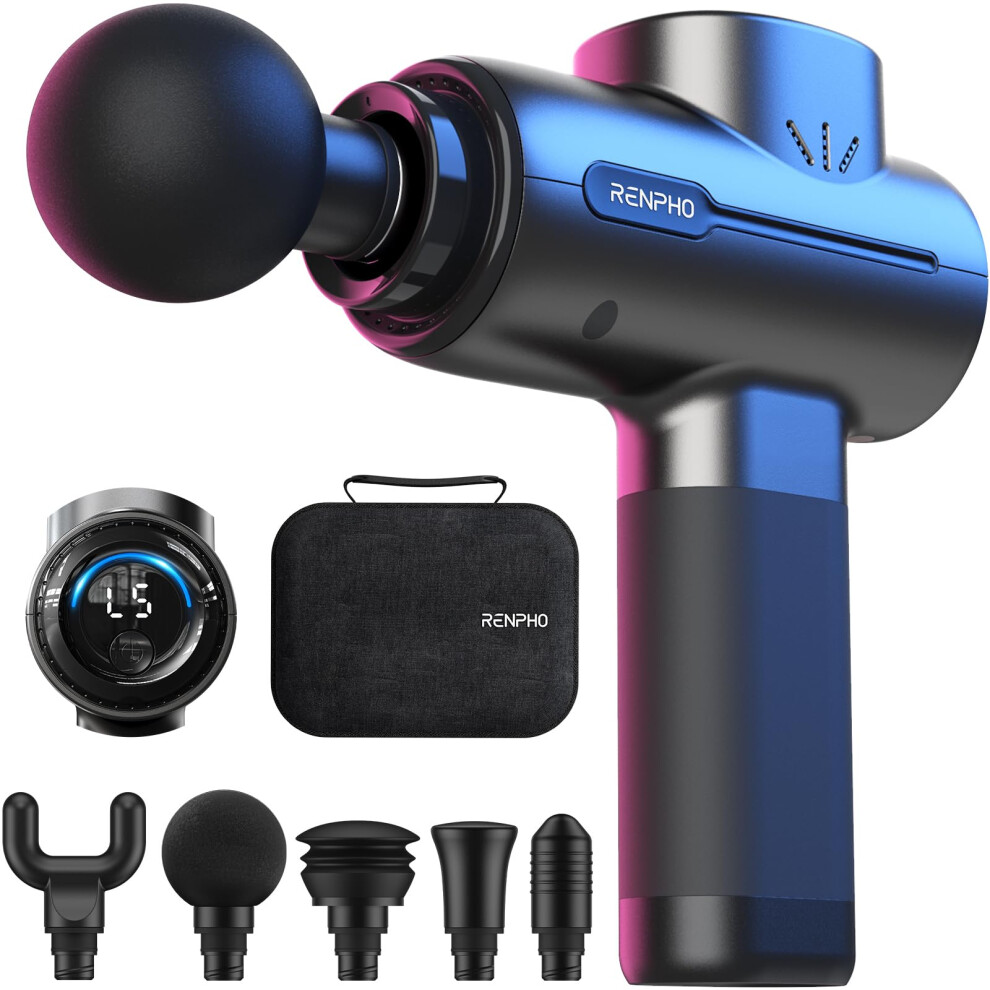 Renpho Massage Gun Deep Tissue,Muscle Massage Gun With 5 Speeds 5 Massage Heads,10Mm Amplitude Percussion Massager With Long Batte