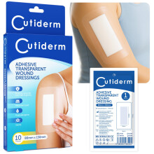 Cutiderm Large Adhesive Transparent Waterproof Wound Dressings 80mm x 150mm - Pack of 10 Dressings, Plasters