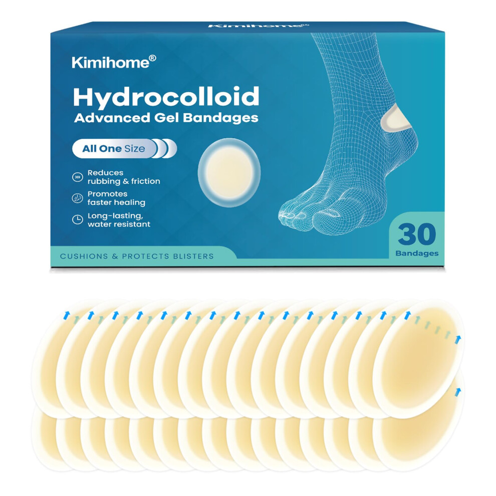 Kimihome Hydrocolloid Blister Bandages For Feet - 30Ct Gel Blister Cushions For Heel, Toe - Blister Prevention For Travel - Water Resistant