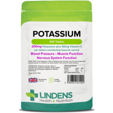 Lindens - Potassium 200mg, 500 Tablets - with 50mg Vitamin C Per Tablet - UK Made - Contributing to Normal Blood Pressure, Muscle and Nervous System